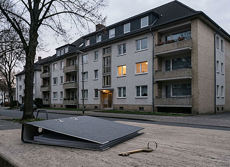 Schlüssel und Unterlagen vor Wohnungstüren als Symbol für die Erbschaftsteuerbefreiung beim Familienheim
