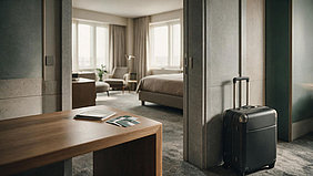 Hotelzimmer mit Koffer, Schreibtisch und mehreren Schlüsselkarten als Symbol für regelmäßig angemietete Mitarbeiterunterkünfte.