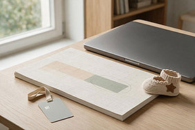 Schreibtisch mit Kalender, markierten Elternzeit-Zeiträumen, Mitarbeiterausweis und kleinem Babyschuh.