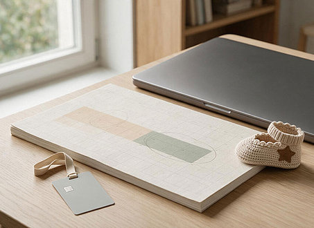 Schreibtisch mit Kalender, markierten Elternzeit-Zeiträumen, Mitarbeiterausweis und kleinem Babyschuh.