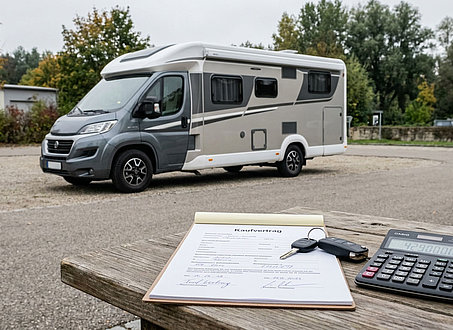 Wohnmobil mit Fahrzeugpapieren und Taschenrechner als Symbol für steuerfreien Gewinn aus dem Verkauf eines Gebrauchsgegenstands