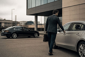 Firmenwagen auf einem Parkplatz, während eine Person mit Aktentasche zu einem privaten Pkw geht.