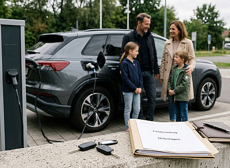 Elektroauto an Ladesäule mit Förderunterlagen als Symbol für neue Förderung beim Kauf oder Leasing von Elektroautos