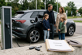 Elektroauto an Ladesäule mit Förderunterlagen als Symbol für neue Förderung beim Kauf oder Leasing von Elektroautos
